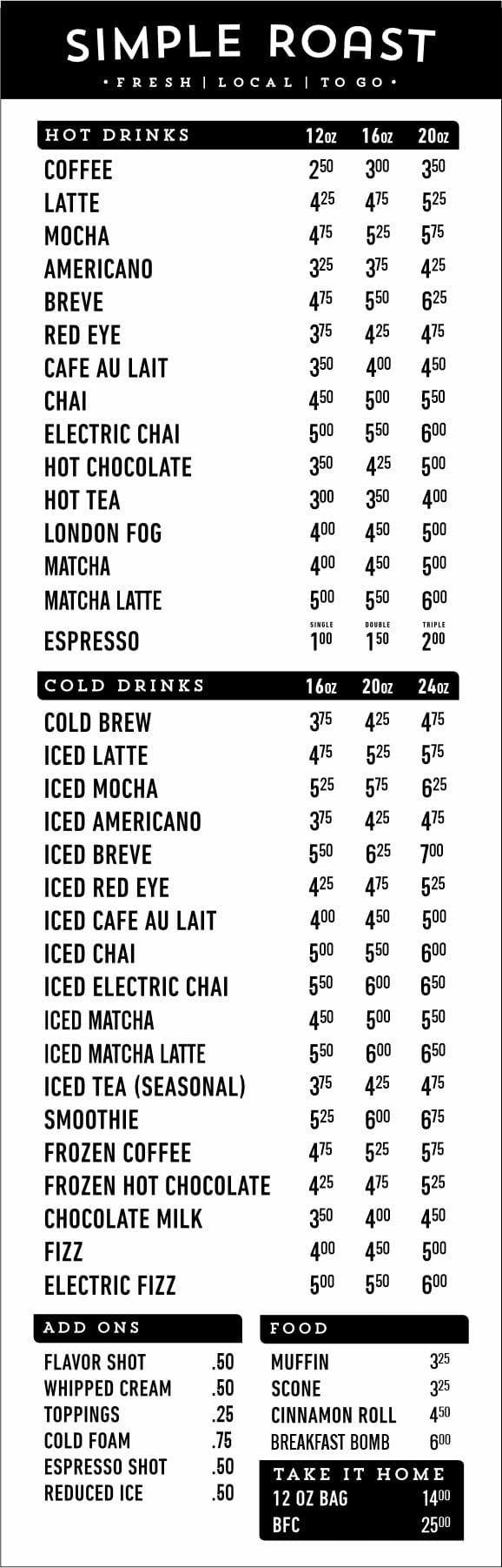 Cafe & Bar Menu – Simple Roast Coffee